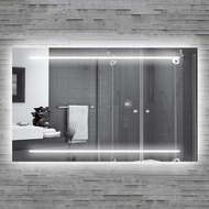 Bathroom with a large illuminated mirror above a sink, featuring modern decor elements.